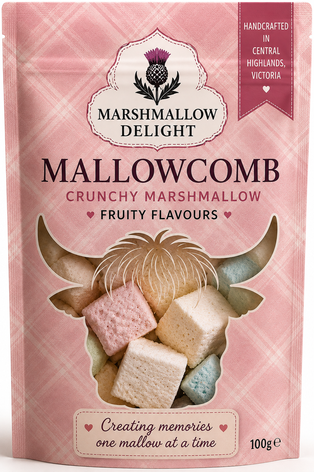 A pink tartan Marshmallow Delight Mallowcomb pouch of crunchy fruity marshmallow pieces