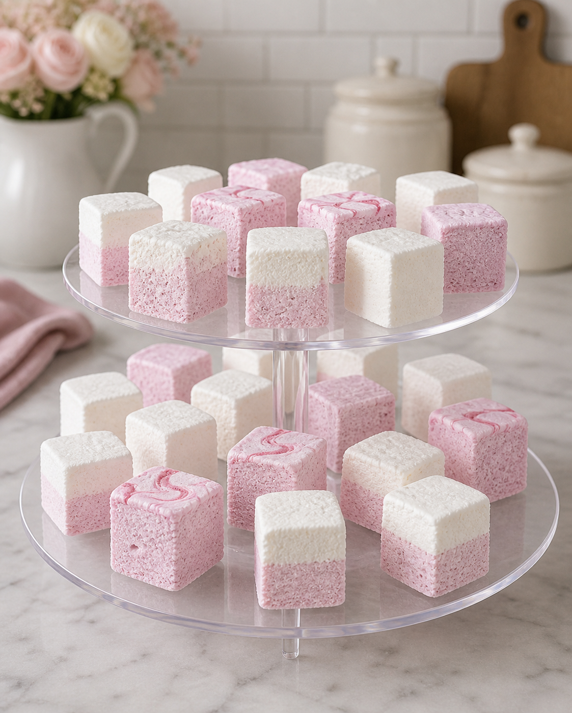 A two tier stand of pink and white two inch handcrafted marshmallow cubes