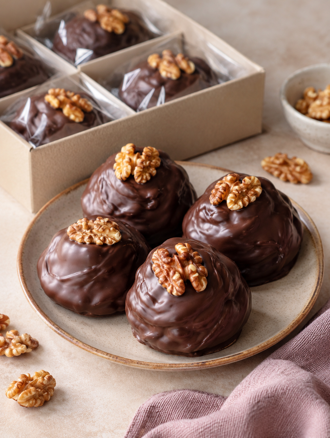 Chocolate coated Highland Whip domes topped with walnut halves on a plate beside a gift box