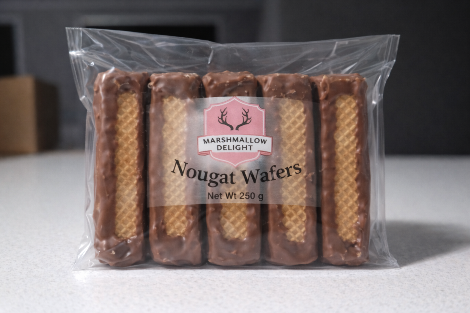 A branded 250 gram packet of Marshmallow Delight chocolate coated nougat wafers