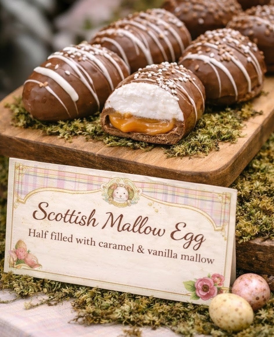 A Scottish mallow egg cut open to show caramel and vanilla mallow beside a plaid sign