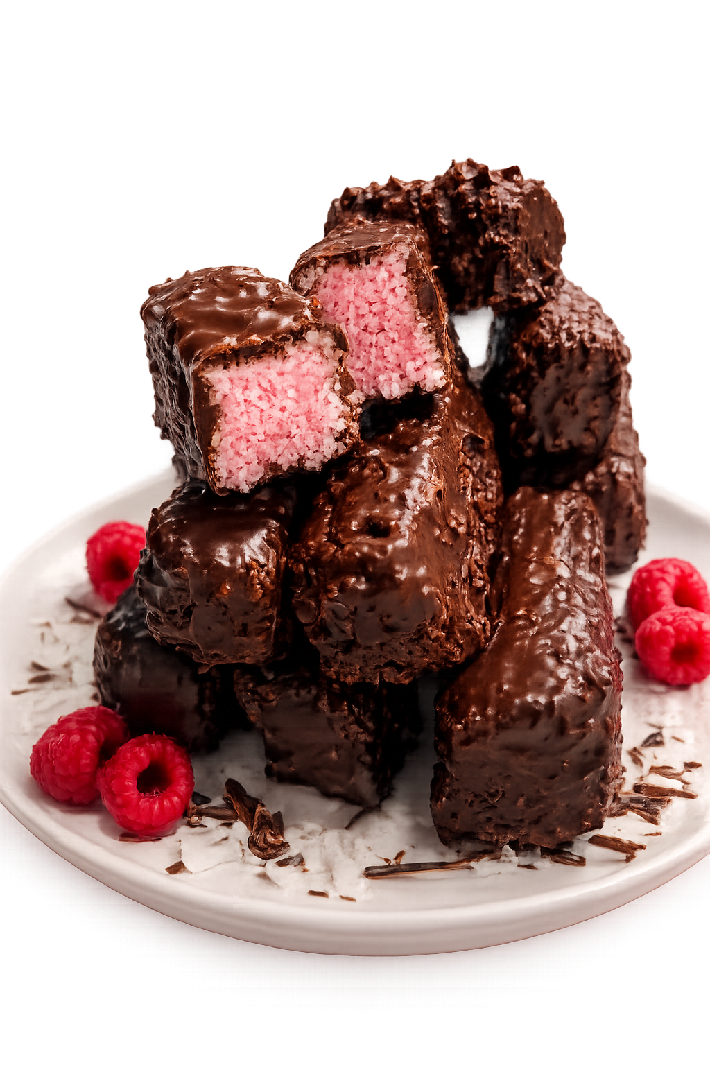 Chocolate coated raspberry ruff logs with pink coconut centres stacked on a white plate