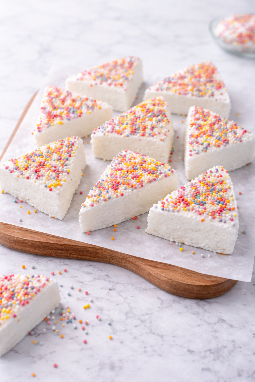 Triangles of white marshmallow covered in pastel hundreds and thousands