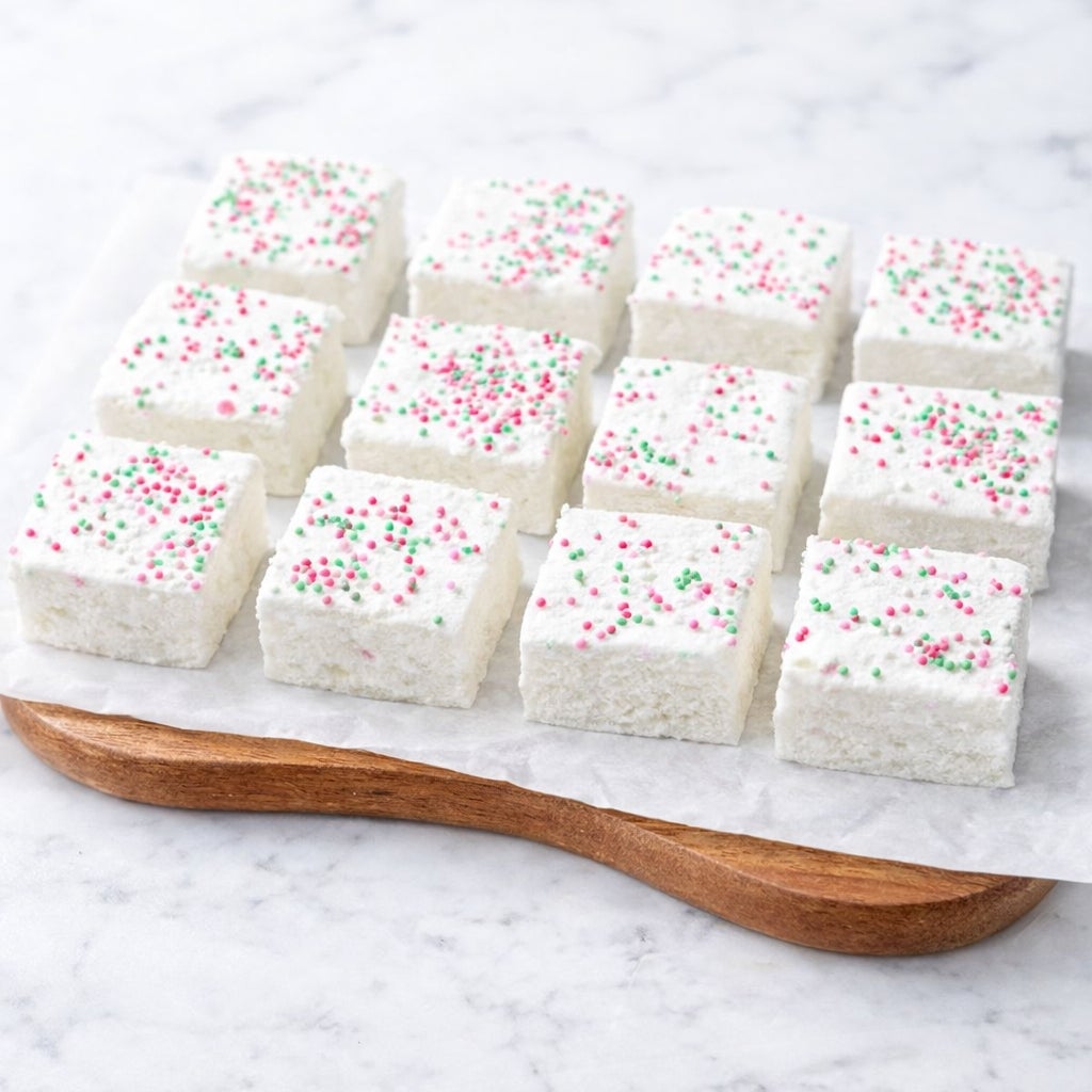 Squares of white birthday cake marshmallow topped with pink and green sprinkles on a marble board