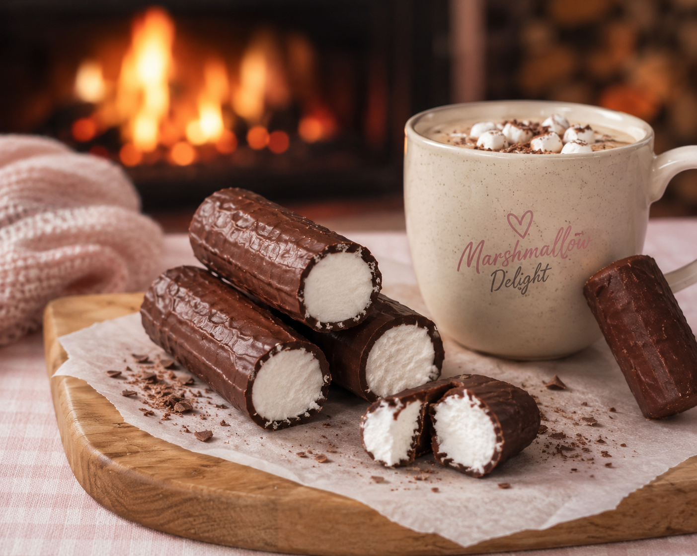 Chocolate coated nougat logs with white marshmallow centres beside a branded Marshmallow Delight mug by a fireside