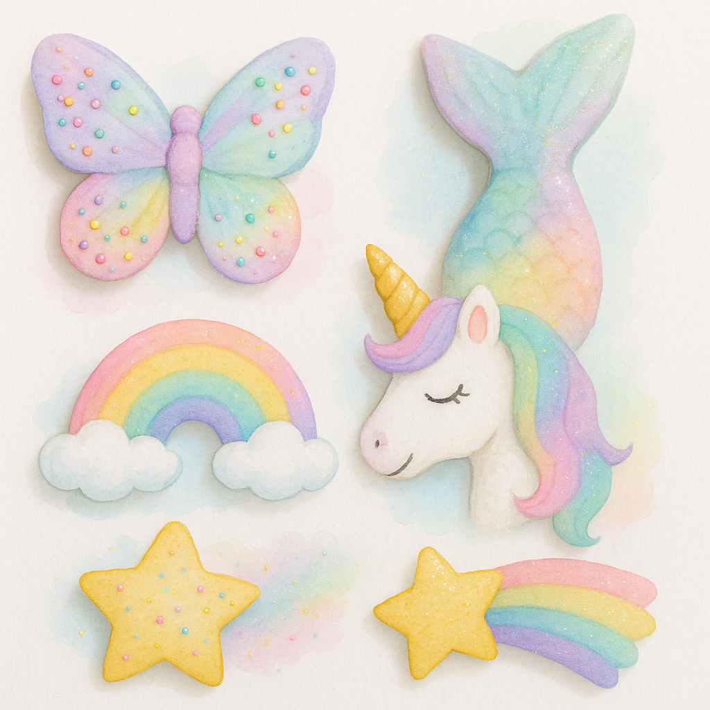 Pastel painted marshmallow shapes including a unicorn, rainbow, butterfly, stars and mermaid tail